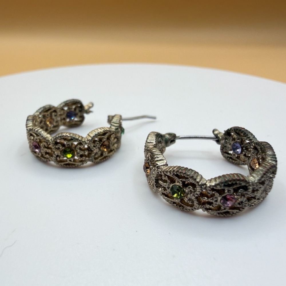 Silver Tone Filigree Rhinestone Hoop Earrings Multicolor Vintage Boho Gift Set